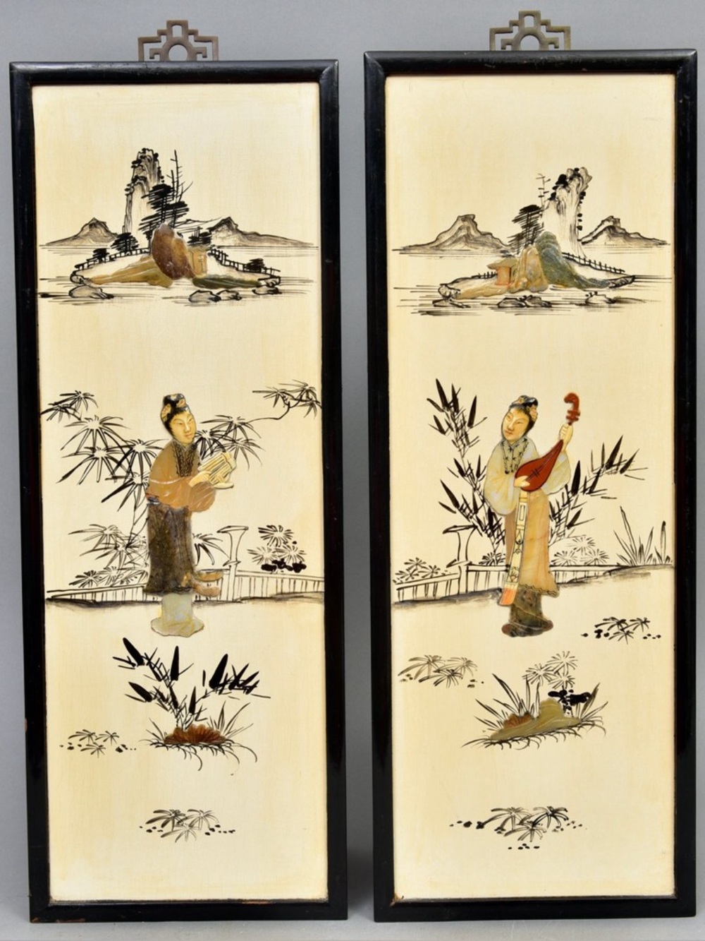 Vintage Chinese Lacquer Wall Panels – Hand-Carved Soapstone Figures (Pair)